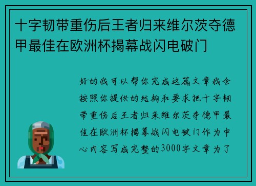十字韧带重伤后王者归来维尔茨夺德甲最佳在欧洲杯揭幕战闪电破门