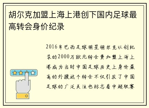 胡尔克加盟上海上港创下国内足球最高转会身价纪录
