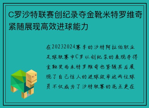 C罗沙特联赛创纪录夺金靴米特罗维奇紧随展现高效进球能力